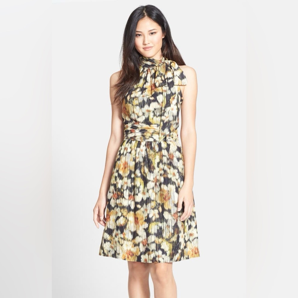 'Meera' Floral Tie Neck Fit & Flare Dress
